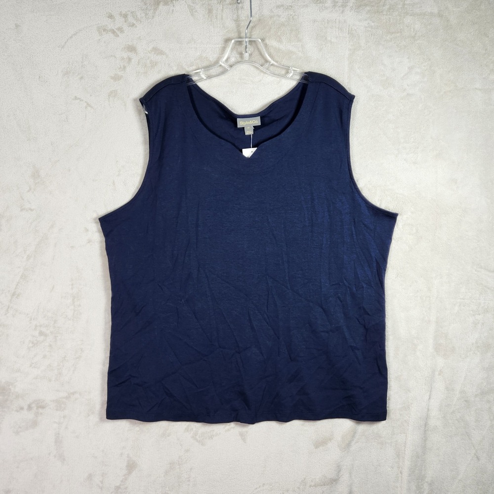Style & Co Tank Top Womens 4X Industrial Blue Cotton V-Neck Casual Essential